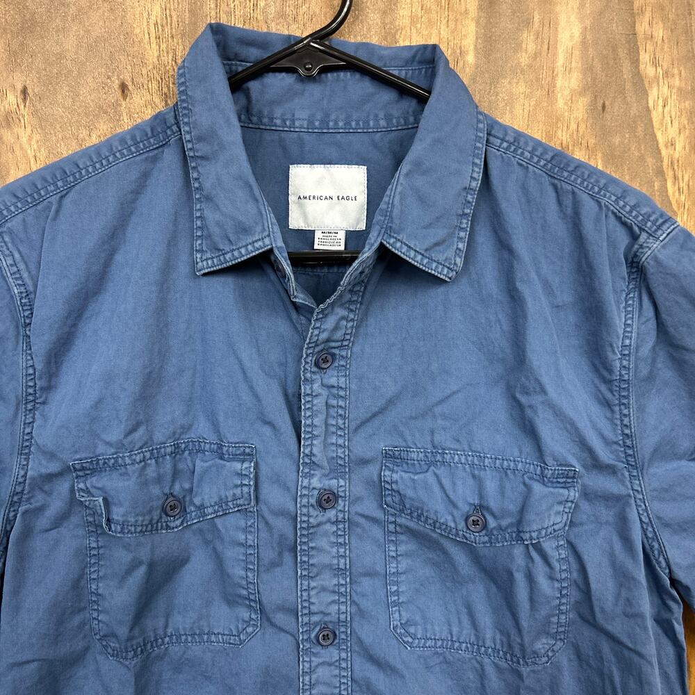 American Eagle Mens Shirt Blue Short Sleeve Collared Button Down 100% Cotton M - Picture 2 of 10